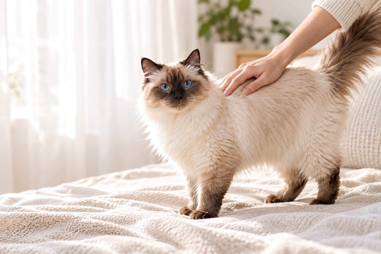 A long-haired cat receiving gentle attention