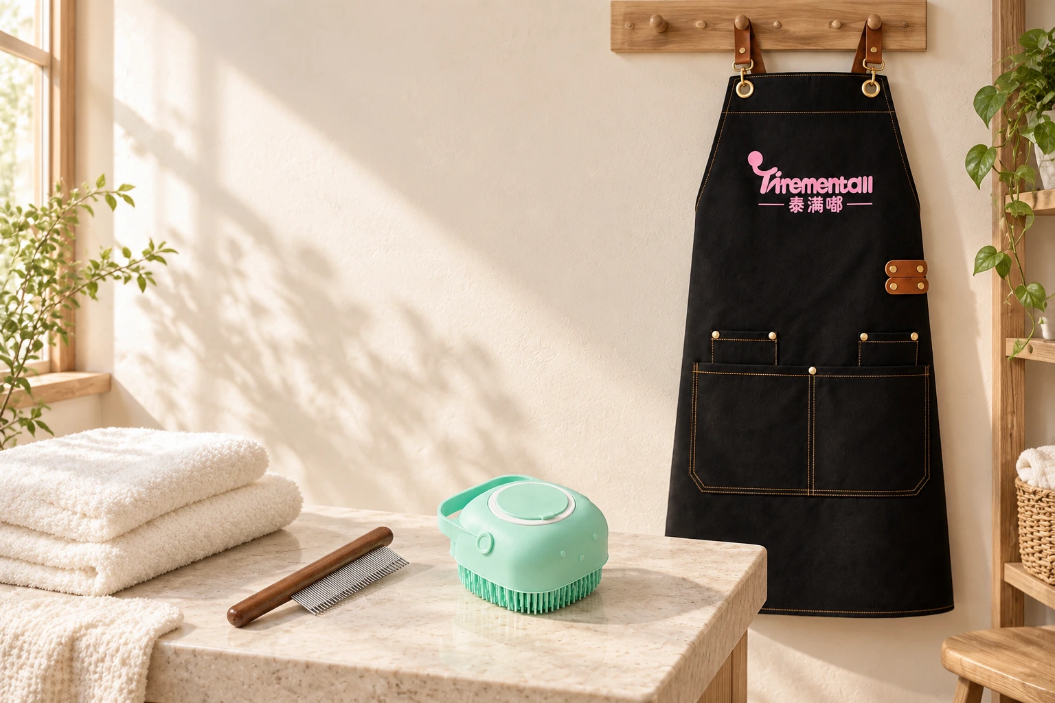 Salon apron, wooden grooming comb and mint bath brush in warm daylight