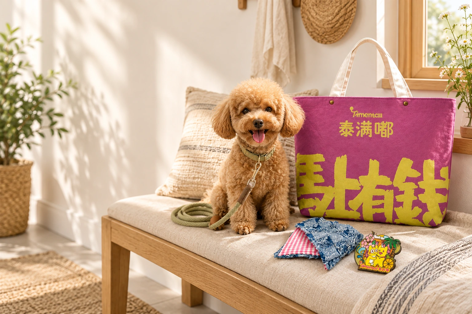 Tote, character pin and bandana beside a dog on a sunlit bench