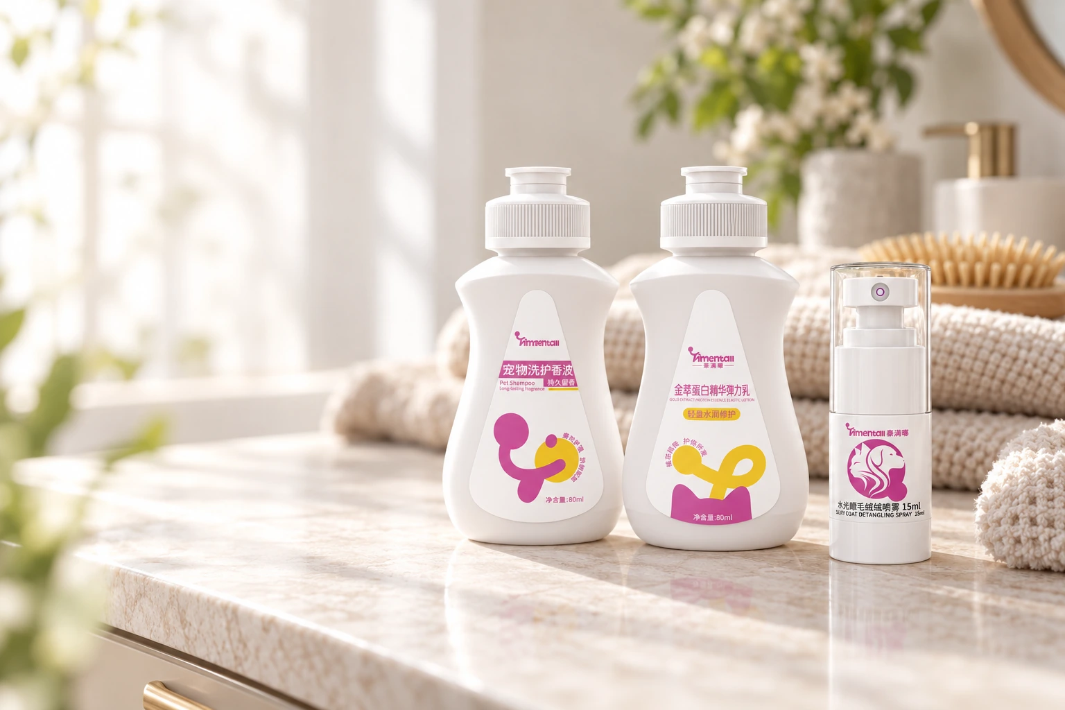 Multi-Effect Care, Protein Conditioner and Smoothing Spray samples in a sunlit care setting