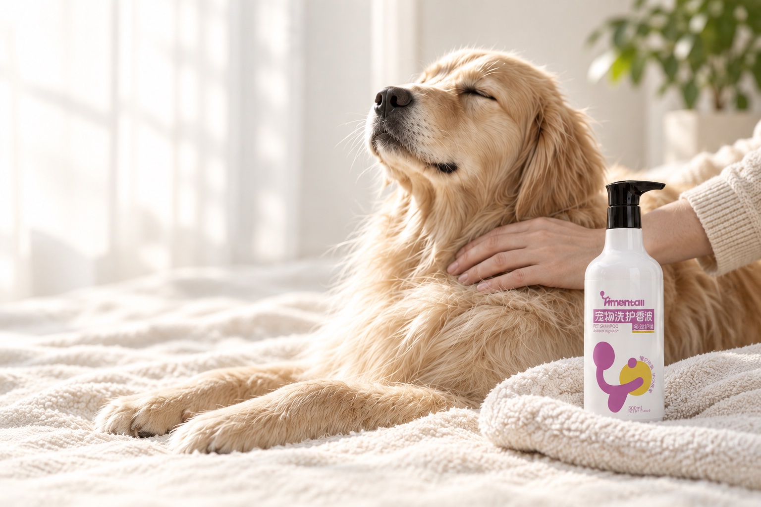 A golden retriever enjoying gentle care beside Multi-Effect Care Shampoo