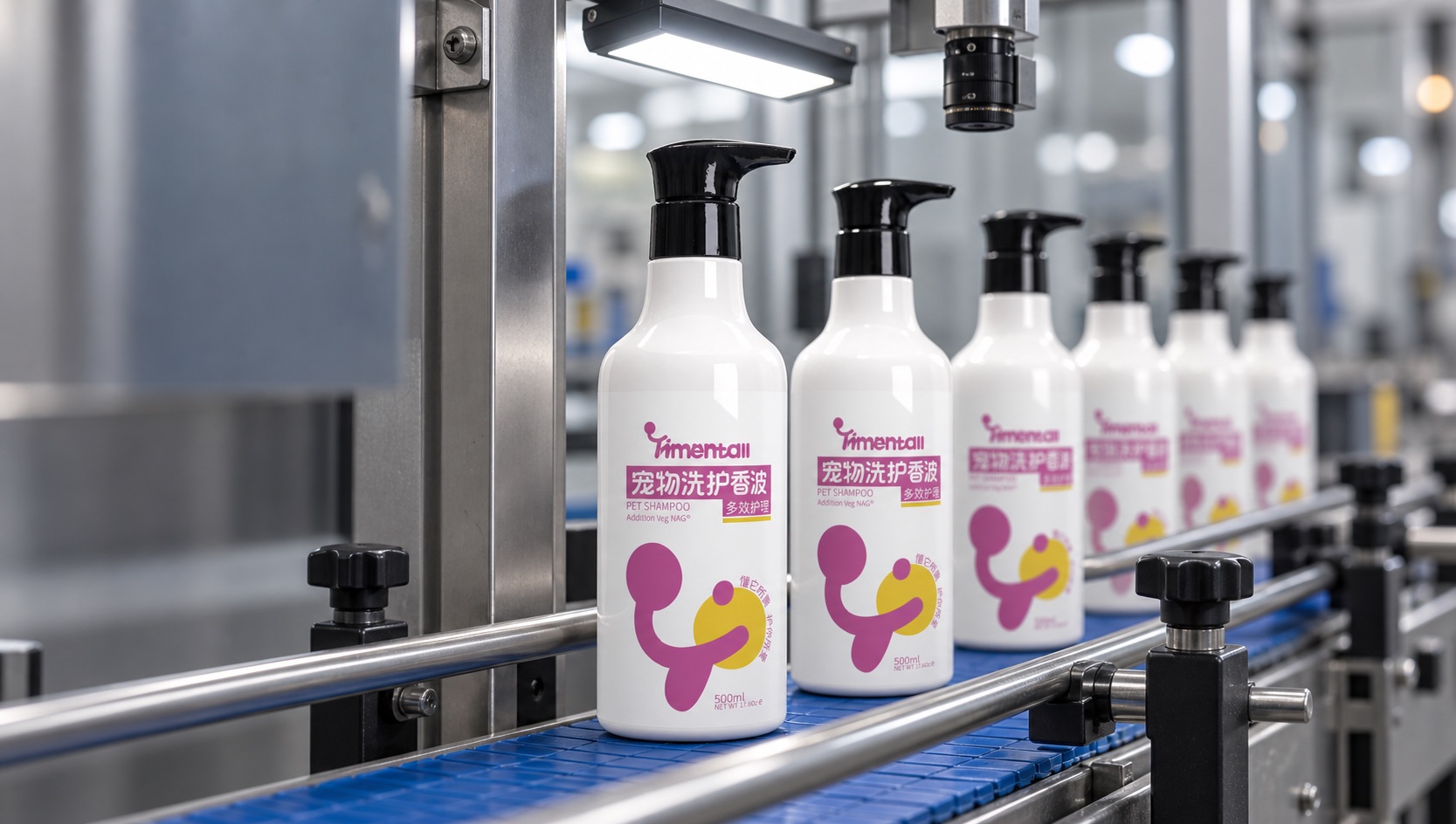 Production concept showing white 500 mL black-pump bottles