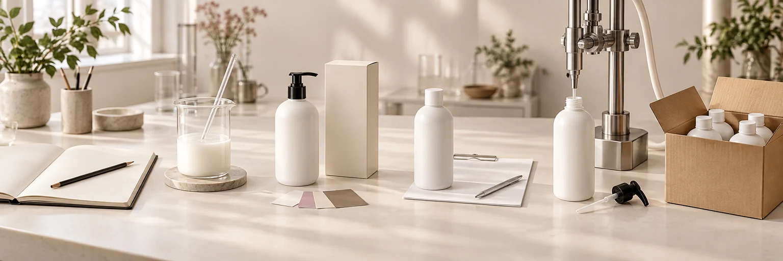 A continuous workbench showing the brief, formulation, pack design, samples, filling and dispatch