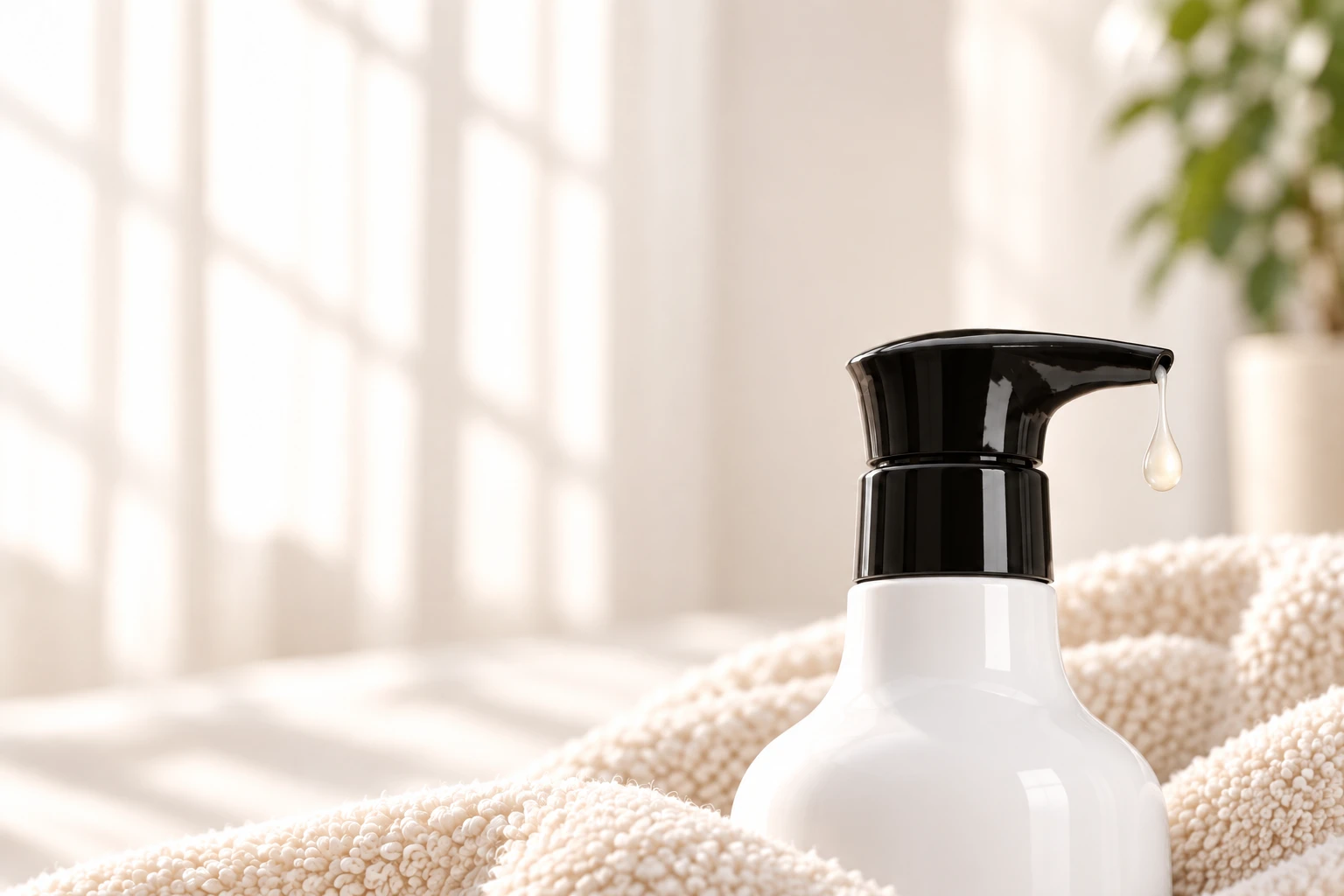 Shampoo emerging from a black pump above a white bottle in soft daylight