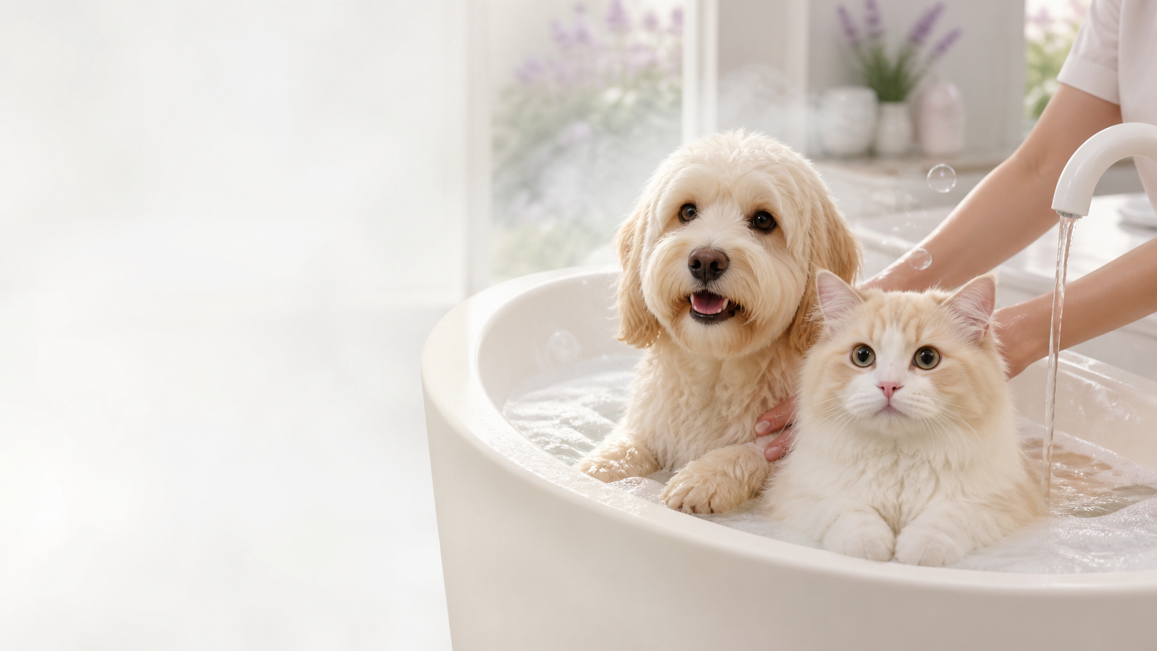 Cat and dog in a professional pet bathing setting